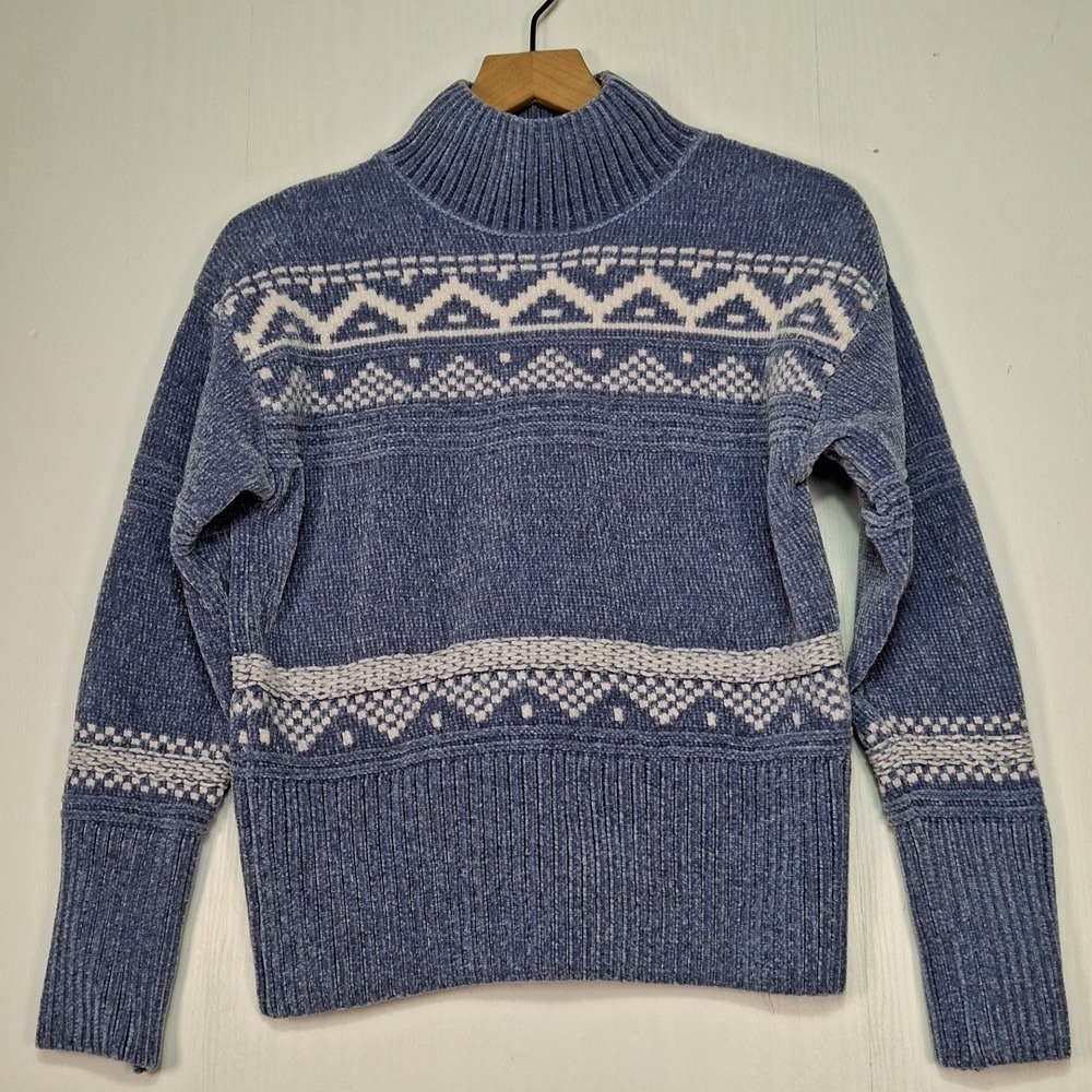 Christian Siriano Chenillle Sweater XS Fair Isle Mock Neck Sweater Blue White